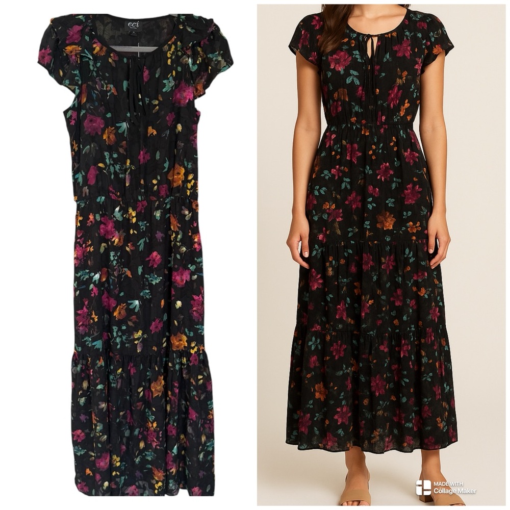 ECI New York Black Floral Maxi Dress Ruffle Sleeve Tiered Hem Size M
